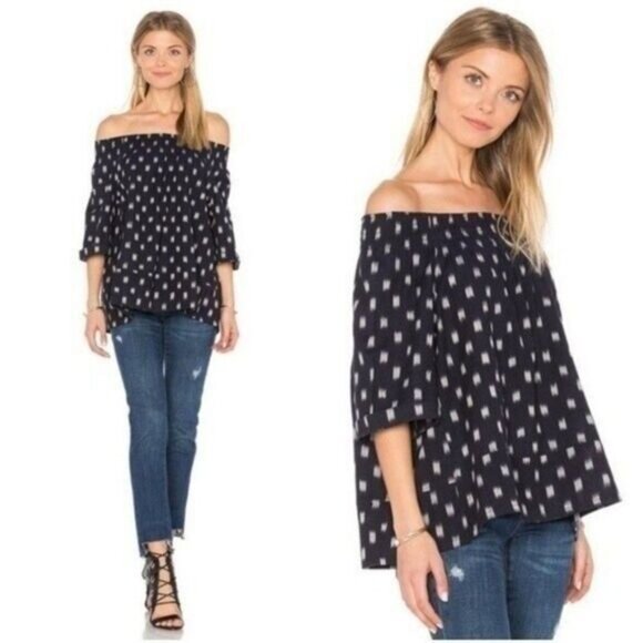 CURRENT ELLIOT | Smock Dotted Ikat Polka Dot Tee Blouse Blue Sz 1 / S - Picture 2 of 12